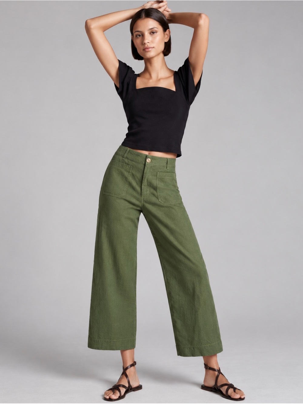 Maeve Anthropologie Colette Pant 31 Olive Linen Stretch Blend Wide Leg Crop READ